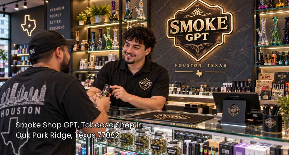 Friendly staff assists a customer at a modern tobacco shop Houston destination with cigars, glassware, and accessories.