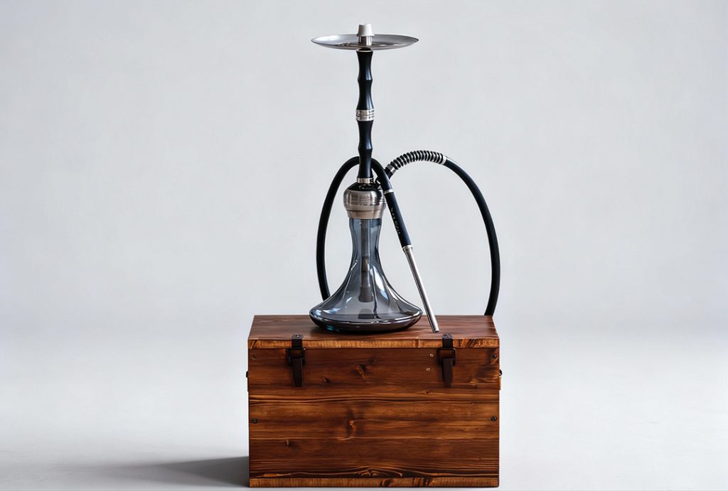 Premium modern hookah displayed on wooden box, top quality at hookah shop Houston.
