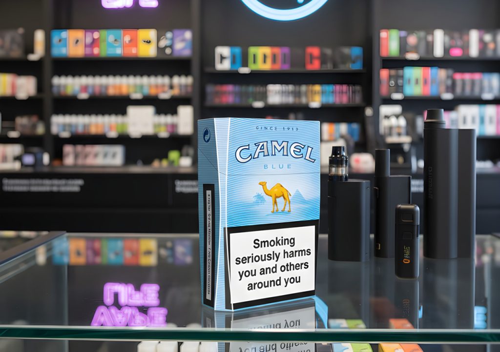 A pack of Camel Blue cigarettes on glass inside a cigarette shop Houston near vaporizers and neon vape shop signage.