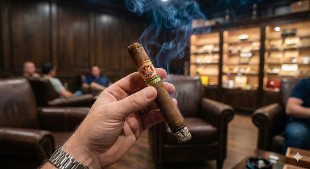 Person enjoying a smooth Arturo Fuente Don Carlos cigar with smoke in a cozy lounge at the premier cigar shop Houston – Smack Boyz