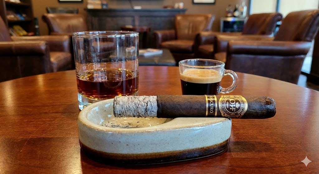 A lit Oscuro cigar with a long ash in a leather armchair with a drink, representing the smoking experience at a cigar shop Houston.