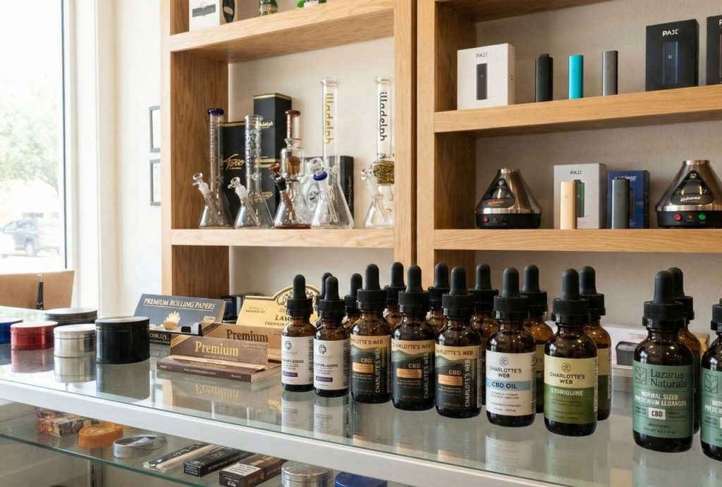 Wooden shelves stocked with vaporizers, CBD oils, and rolling papers at a head shop in Houston.