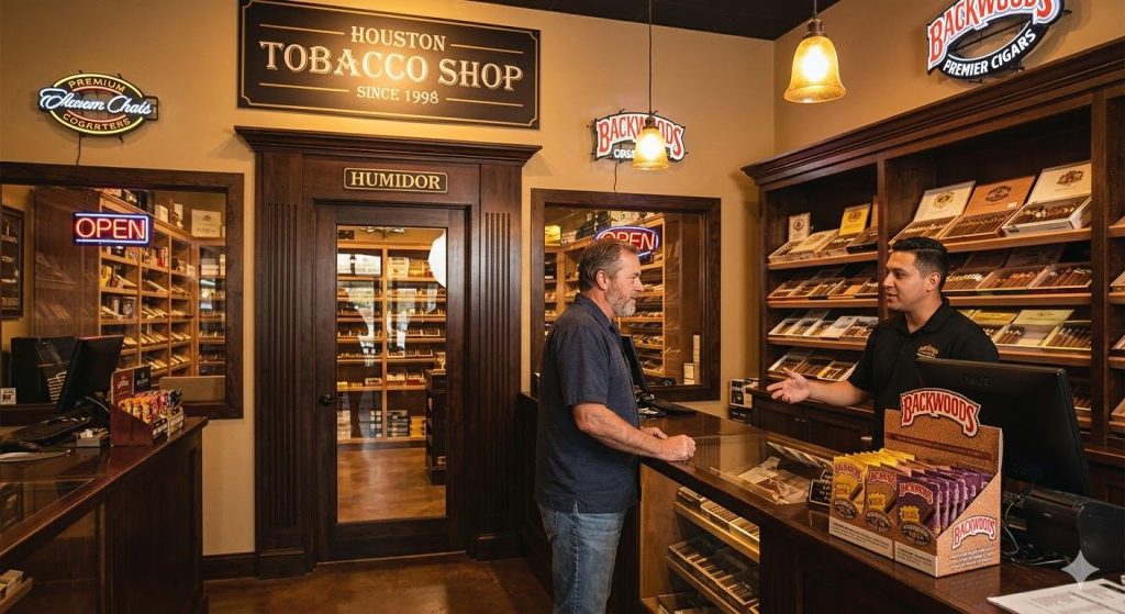 A customer gets expert advice at the counter of Houston Tobacco Shop, the premier tobacco shop Houston.