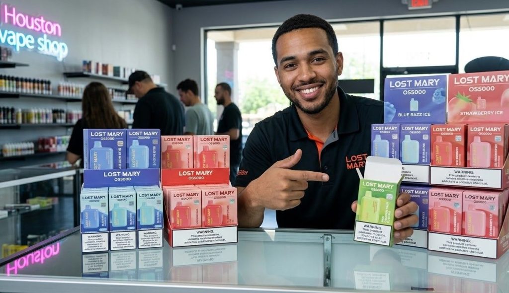 A smiling vape shop employee in Houston recommends Lost Mary OS5000 flavors Kiwi Passion Fruit Guava and Blue Razz Ice.