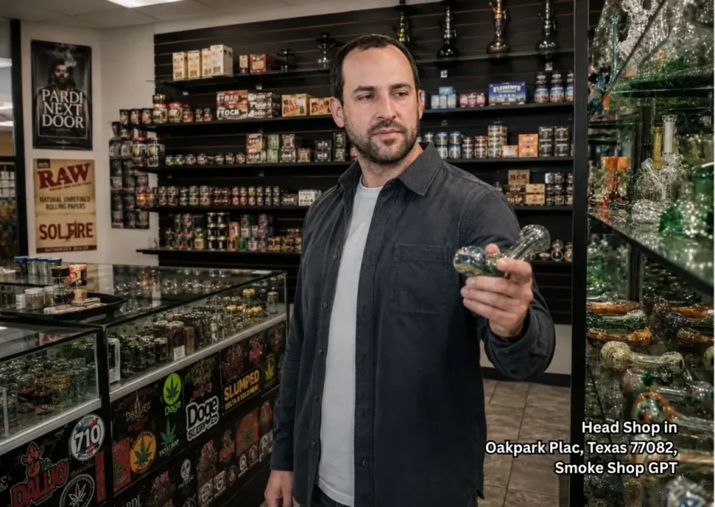 Man compares glass pipes near display shelves in a head shop Houston shoppers trust for quality smoking accessories