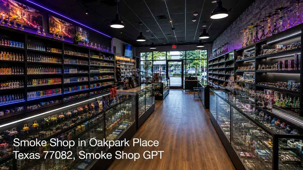 Well-organized interior of a smoke shop Houston venue showcasing colorful vape displays and glassware counters.