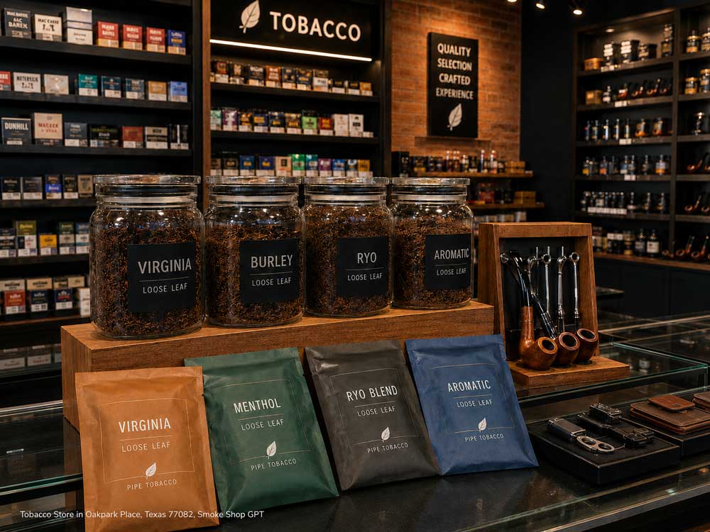 Premium loose leaf blends on display at a modern tobacco store Houston location featuring Virginia and Burley.
