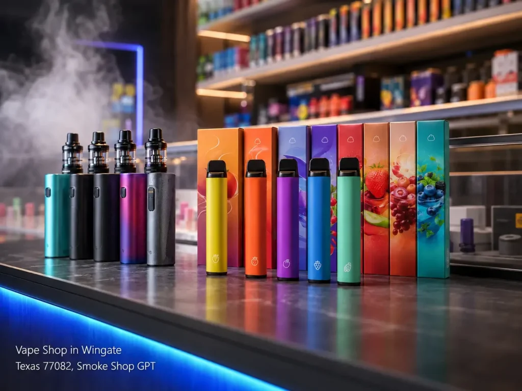 Variety of disposable e-cigarettes and fruit-flavored pod boxes at a top-rated vape shop Houston storefront.