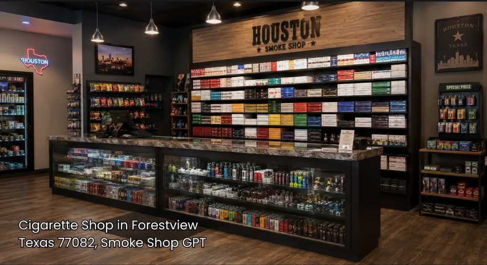 Clean checkout counter and organized wall display inside a fully stocked cigarette shop Houston locals prefer.