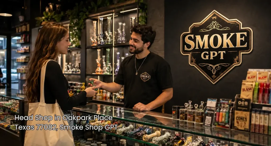 Head shop Houston customer service scene with Smoke GPT staff assisting a shopper beside glass pipes and accessory displays.