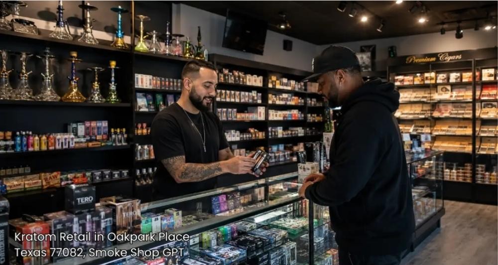 Friendly clerk helping a customer inside a modern smoke shop offering top products at a kratom retail Houston store.