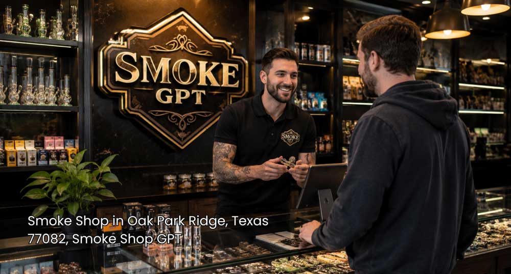 Smoke GPT employee assisting a customer at the counter inside a clean, well-stocked smoke shop Houston with glass displays.