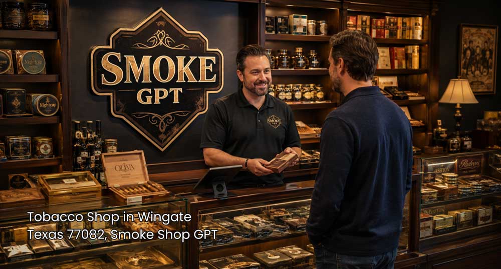 Customer browsing premium cigars with a helpful employee inside a warm, upscale tobacco shop Houston retail store.