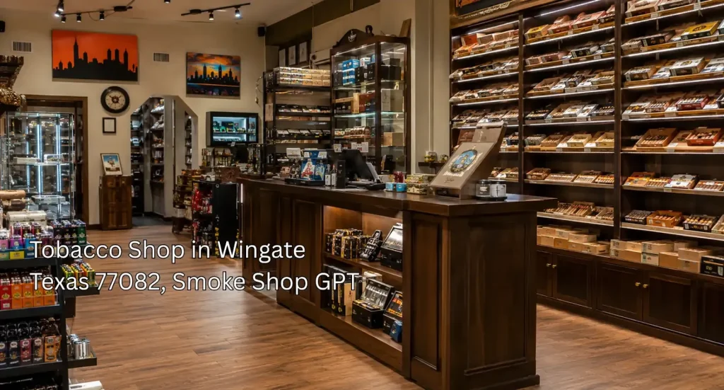 Interior view of a wooden counter and cigar displays at a high-end tobacco shop houston location in Wingate 77082.