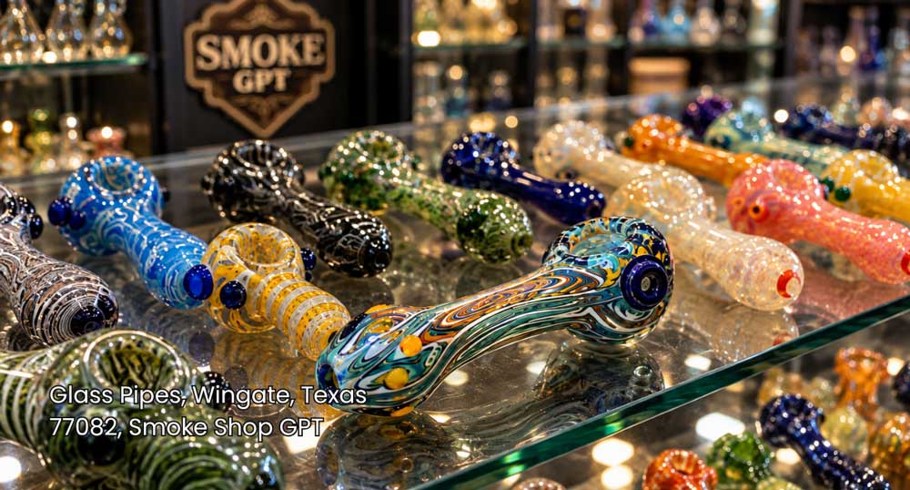 Detailed view of colorful handcrafted glass pipes Houston enthusiasts search for at Smoke GPT.