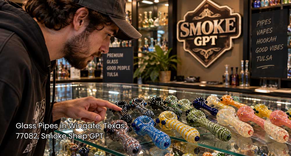 A customer browsing a wide selection of handcrafted glass pipes Houston locals prefer at Smoke GPT.