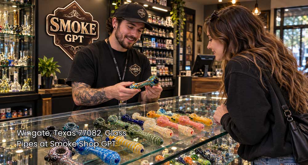 Friendly staff showing a customer premium glass pipes Houston shoppers love inside Smoke GPT.