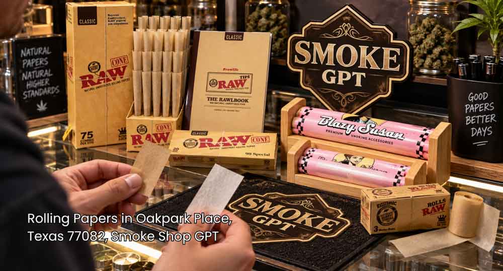 Customer inspecting brown and white premium rolling papers houston shop selection including RAW and Blazy Susan brands.