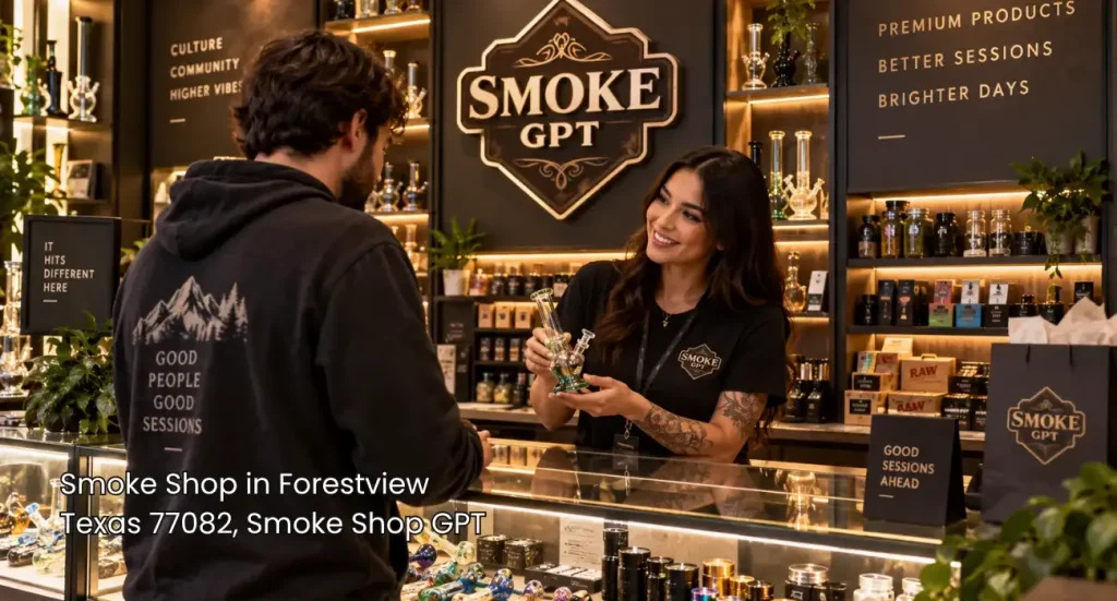 Friendly smoke shop staff assisting a customer near counter displays filled with rolling papers Tulsa buyers want.