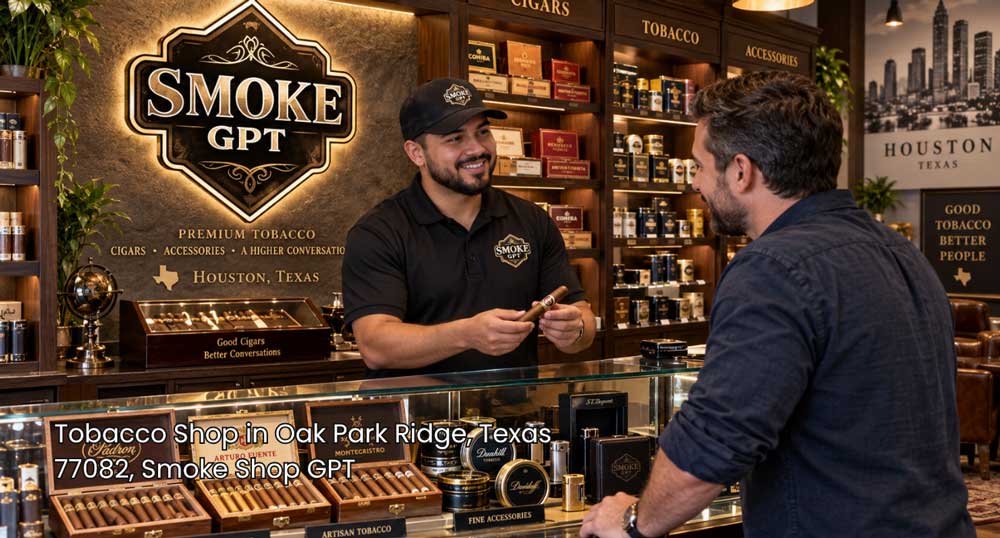 Customer explores premium cigars with friendly staff at a tobacco shop Houston shoppers visit for quality tobacco products.